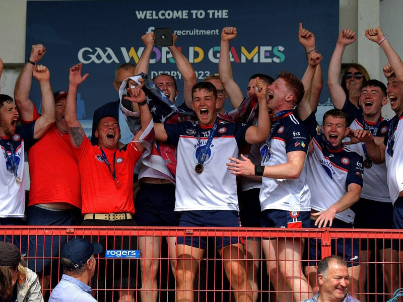 July 2023: New York celebrate their victory over Pearse Og San Francisco in the GAA World Games Hurling International final in Celtic Park. Photo: George Sweeney.