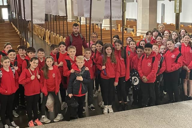 Primary 7 pupils form Holy Family PS on the 'Derrymino'
