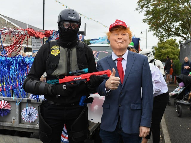 'Donald Trump' character at the Clonmany Festival Parade on Sunday afternoon. Photo: George Sweeney
