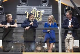 Ronan Keating, Russell Crowe, Muff Liquor Founder Laura Bonner and Ryan Tubridy at the star-studded Muff Liquor Company 'Brand Home' launch in Muff, Co.Donegal.