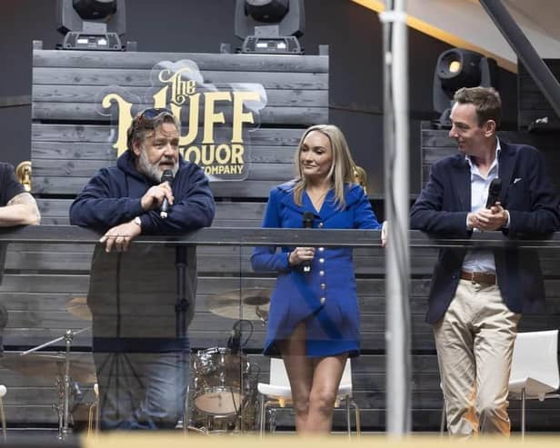 Ronan Keating, Russell Crowe, Muff Liquor Founder Laura Bonner and Ryan Tubridy at the star-studded Muff Liquor Company 'Brand Home' launch in Muff, Co.Donegal.