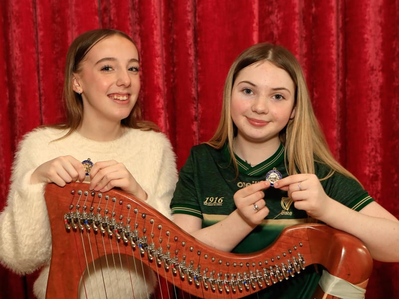 Duet winners, Rebecca Harkin and Aoibhe Nic Lochlainn, winners of the U15 small ensemble at Feis Doire Cholmcille. (Photo - Tom Heaney, nwpresspics) : .
