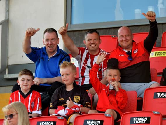 Derry City fans at the game against Shelbourne in the Ryan McBride Brandywell Stadium. Photo: George Sweeney. DER2321GS - 68