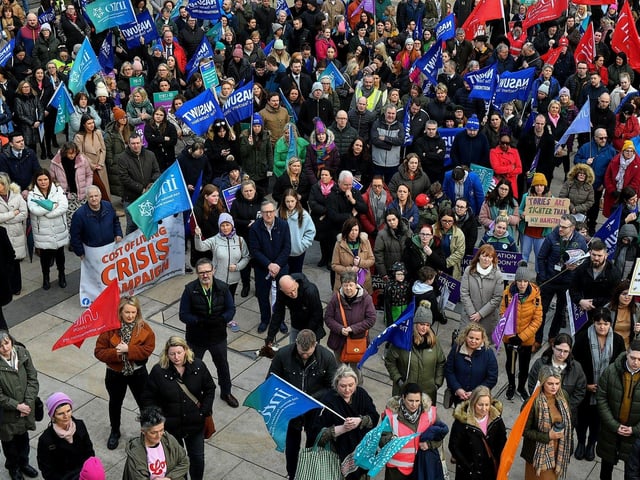 Teachers' unions members and supporters hold a strike rally in Guildhall Square on Tuesday morning. Photo: George Sweeney. DER2308GS 65
