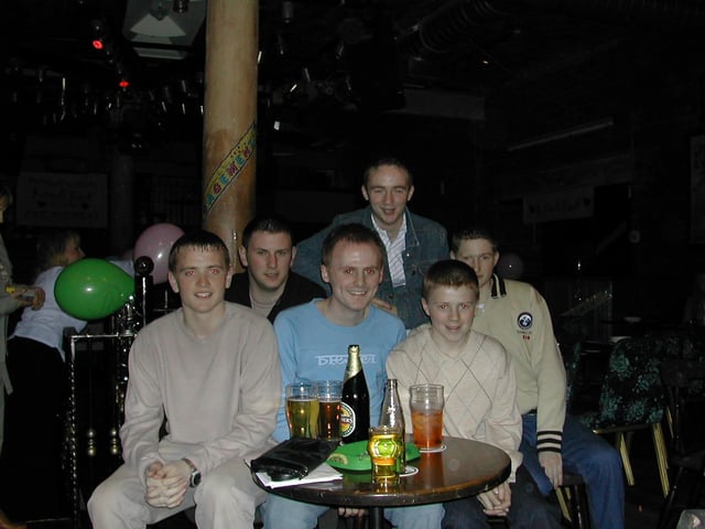 Emmett (centre) pictured celebrating his engagement with friends Odhran, Ciaran, Damien, Mark and Cathal.