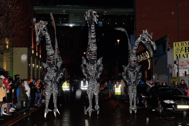 The giant Saurus beasts joined the Halloween carnival parade ‘On the Ninth Wave’ on Monday evening.  Photo: George Sweeney.  DER2244GS – 090