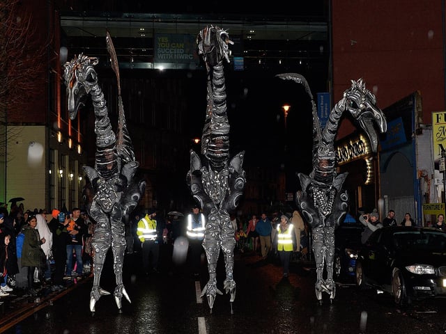 The giant Saurus beasts joined the Halloween carnival parade ‘On the Ninth Wave’ on Monday evening.  Photo: George Sweeney.  DER2244GS – 090