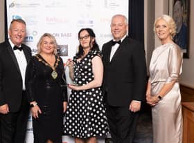Jenni Doherty, Little Acorns Bookstore, winner of the 2022 Overall Business of the Year pictured with Jim Roddy, City Centre Initiative, the Mayor of Derry City and Strabane District Council (award sponsors), Councillor Sandra Duffy, John Kelpie, Chief Executive of Derry City and Strabane District Council and Anna Doherty, Londonderry Chamber of Commerce.