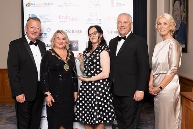 Jenni Doherty, Little Acorns Bookstore, winner of the 2022 Overall Business of the Year pictured with Jim Roddy, City Centre Initiative, the Mayor of Derry City and Strabane District Council (award sponsors), Councillor Sandra Duffy, John Kelpie, Chief Executive of Derry City and Strabane District Council and Anna Doherty, Londonderry Chamber of Commerce.