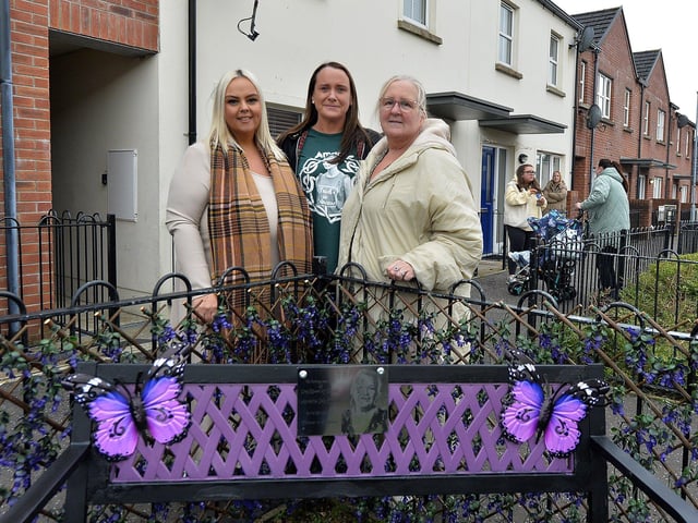 Organisers Shannon Canning, Fiona McDaid and Emily Rooney pictured at the unveiling of a bench, in memory of Annette McDaid in Culdaff Gardens, Creggan. A coffee morning in aid of Marie Curie was held in the Creggan Community Collective's An Cro Mor Centre after the event. Photo: George Sweeney