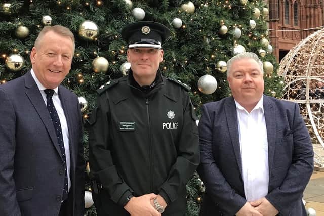 Derry City & Strabane Area Commander, Chief Superintendent Nigel Goddard; Jim Roddy, City Centre Manager, and Chair of the Derry and Strabane Policing and Community Safety Partnership Alderman Darren Guy.