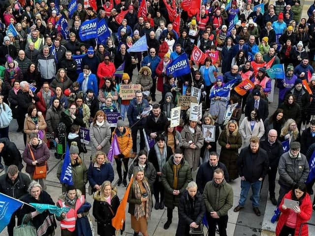 A previous strike rally in Guildhall Square.