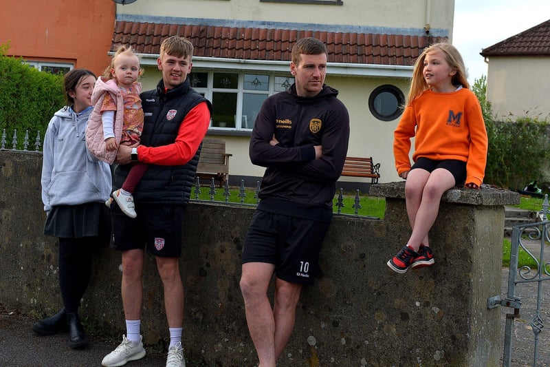 Derry City FC players Ciaron Harkin and captain Patrick McElheney at the Bealtaine Parade in Creggan on Wednesday evening. Photo: George Sweeney. DER2318GS – 54