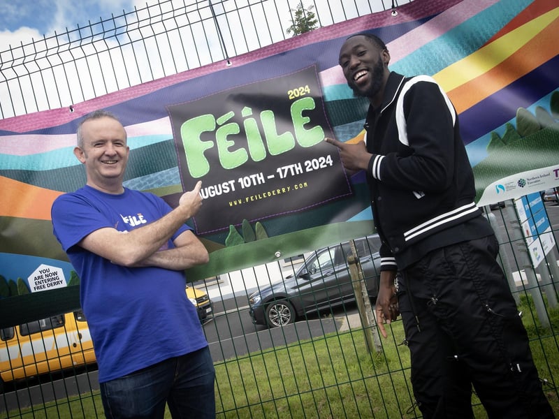 Dublin Rapper SELLO pictured promoting the 2024 Féile with Festival Director Gareth Stewart at the Creggan Youth Club in Fanad Drive on Tuesday afternoon. The rapper was in Derry as part of the Rio Ferdinand Foundation link to this year's Féile.