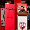 Derry City boss Tiernan Lynch introduces the new first team away kit for 2025 at the O'Neills launch on Wednesday evening. Photograph by Kevin Morrison.