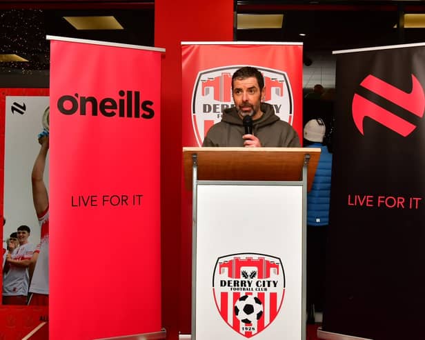 Derry City boss Tiernan Lynch introduces the new first team away kit for 2025 at the O'Neills launch on Wednesday evening. Photograph by Kevin Morrison.