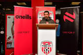 Derry City boss Tiernan Lynch introduces the new first team away kit for 2025 at the O'Neills launch on Wednesday evening. Photograph by Kevin Morrison.