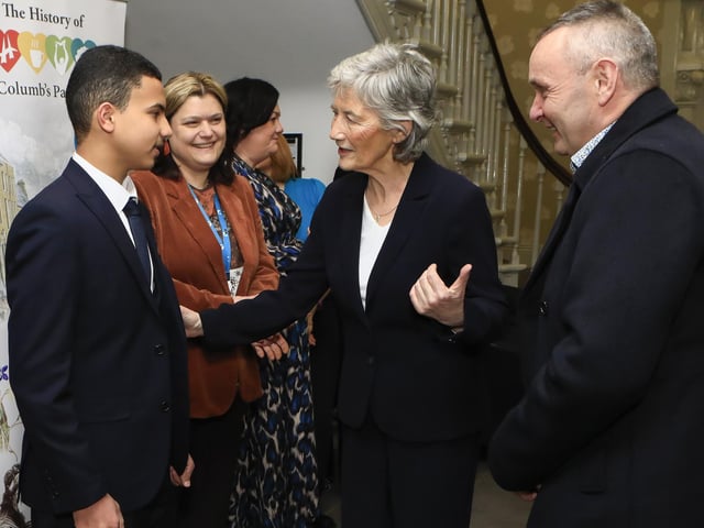 Irish President Catherine Connolly Abdullah Elnaem,North-West Islamic Association, and Dominic Bonner, co-ordinator of Northwest and West Services YouthAction NI, on her arrival at St. Columb’s Park House to meet with YouthAction NI, on Friday. (Photo - Tom Heaney, nwpresspics)