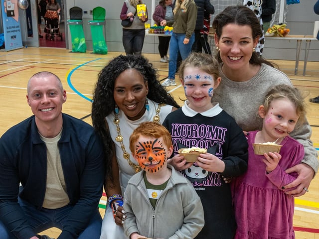 Liam, Carron with ytheir children, Oisin, Fiadh and Aoife.The Mayor Councillor Lilian Seenoi-Barr hosted an Inclusive Birthday Party in the Foyle arena where children and young people from the ages of four to eighteen enjoyed a range of activities in association with the Mayoral Charity, BUD Club. Picture Martin McKeown. 12.01.24