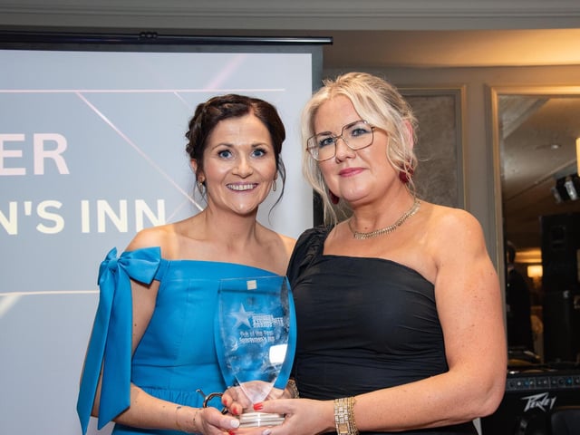 Mary McLaughlin, Pub of the Year winner sponsored by Neal Doherty's and Presented by Sharon McDaid at the Carndonagh Traders Business and Community Awards in the Ballyliffin Lodge Hotel on Saturday night last. Photo Clive Wasson.