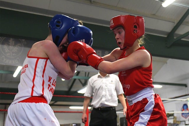 Sean Donaghy of Star of the Sea, left, boxing Oakleaf’s Anna O’Connor.  Photo: George Sweeney