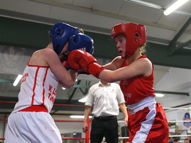 Sean Donaghy of Star of the Sea, left, boxing Oakleaf’s Anna O’Connor. Photo: George Sweeney
