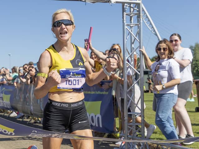 Strabane’s Ann Marie McGlynn is delighted as she claims the senior ladies title at the 2025 Strabane Lifford Half Marathon. (Photo: North West Newspix)