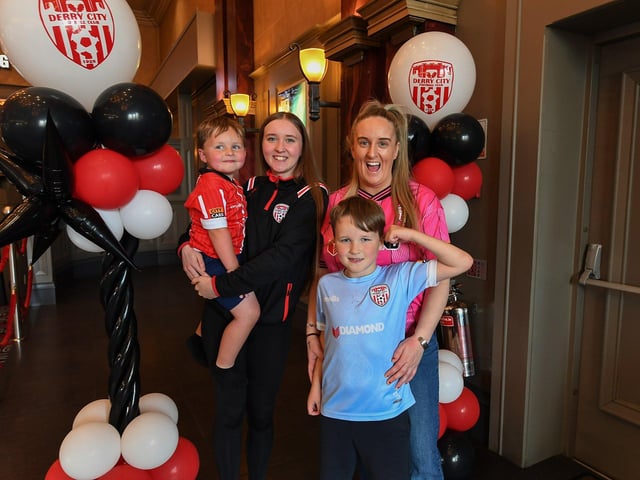 Derry City fans pictured at the Brunswick Moviebowl  ahead of the live screening of the candystripes’ Europe Conference League away to FCB Magpies on Thursday evening. Photo: George Sweeney