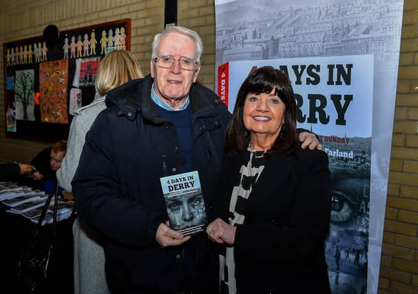 John Kelly and Derry playwright Bernadette MacFarland at the launch of 4 Days in Derry, held in Pilot’s Row Centre. Photo: George Sweeney