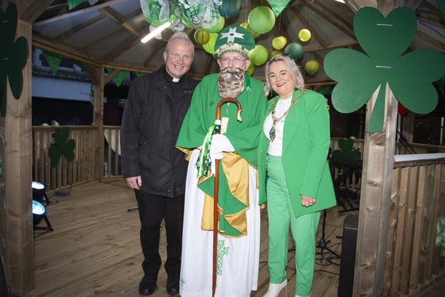 Bishop of Derry, Dr. Donal McKeown and St. Patrick himself showing support for the Mayor’s Charity Busk on St. Patrick’s Day at Guildhall Square.