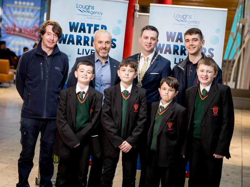 Students from St Joseph's Boys' School alongside Loughs Agency Education Officer Michael Cosgrove, Loughs Agency Director of Corporate Services JP O’Doherty, Deputy Mayor of Derry and Strabane District Council, Councillor Jason Barr, and Loughs Agency Education Engagement Officer Jack Porter