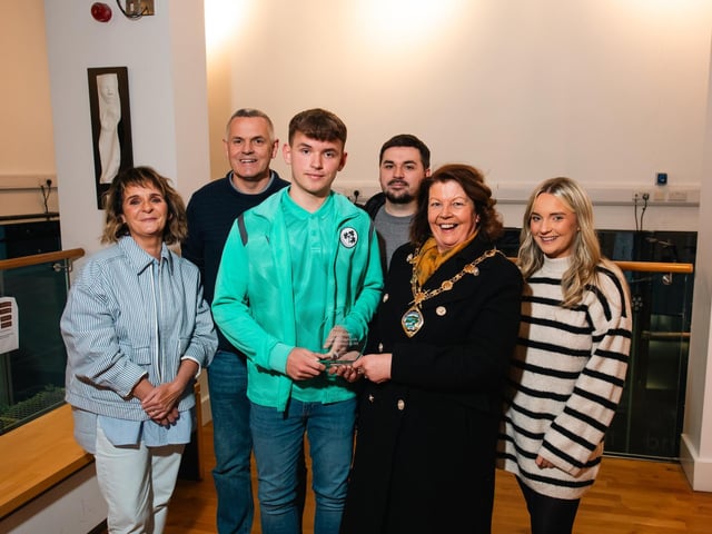 Gavin pictured at his reception hosted by Derry City & Strabane District Council Mayor Patricia Logue. Joining the Ireland World Cup player is mum Dana, dad Mark and siblings Corey and Sarah.