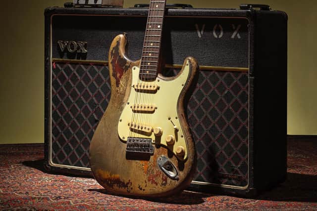 Rory Gallagher's instantly recognisable 1961 Fender Stratocaster with its wonderfully scuffed body is the prime lot from the The Rory Gallagher Collection that is open for bidding between now and October 17.