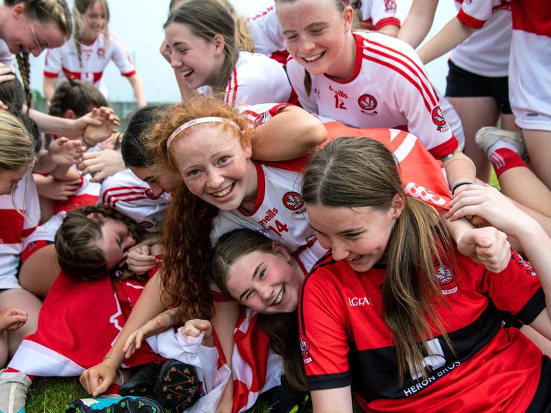 Derry players celebrate after the 2023 All-Ireland U14 Gold Final between Derry and Tipperary at Clan na Gael GAA Club in Dundalk, Co. Louth. Photo by Stephen Marken/Sportsfile