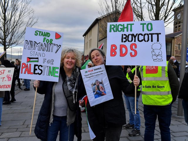 Supporters attend the pro-Palestinian solidarity rally held in Derry on Saturday afternoon. Photo: George Sweeney