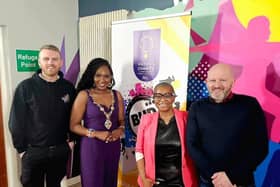 Mayor of Derry City and Strabane District Council, Councillor Lilian Seenoi-Barr on a visit to her chosen charity for her year in office The BUD Club, along with, from left, Gavin Melly, Social Inclusion Manager, the BUD Club, Dr Dineo Moiloa, CEO of Miss/Mrs Africa Ireland and Event Sponsor JJ Murphy