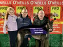 'Derrinasafa Jet' who won the last race at Brandywell Stadium on Monday in 17.00 with Orla Wray, her father, Kealan O’Kane, and his grandfather, Kevin.