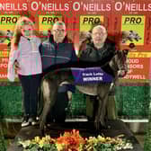 'Derrinasafa Jet' who won the last race at Brandywell Stadium on Monday in 17.00 with Orla Wray, her father, Kealan O’Kane, and his grandfather, Kevin.
