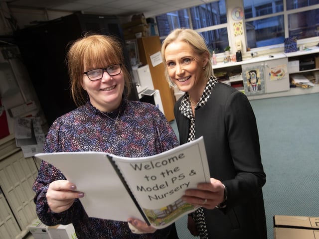 Model PS Secretary Mrs. Aine Taylor sorting out final details with Ms. Julie O'Loughlin, Principal, for Monday's Open Day. : .