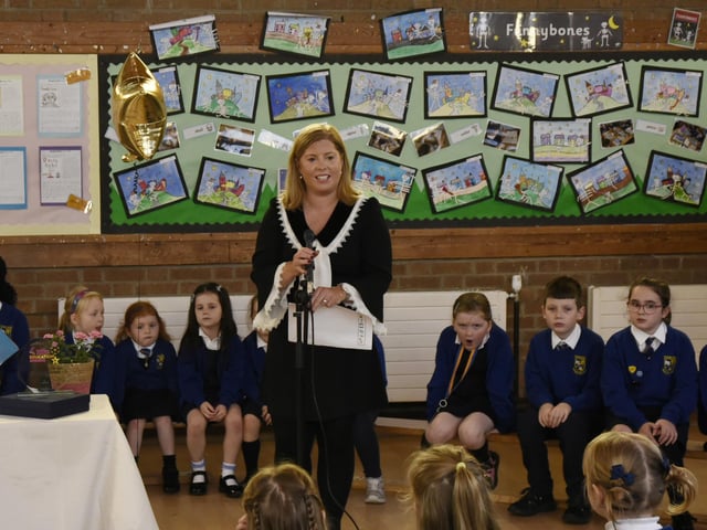 Chapel Road Primary School Principal Ciara Barrett pictured at a special assembly to celebrate winning Primary School of the Year- County Derry/Londonderry at the recently held Local Women Education Awards.
