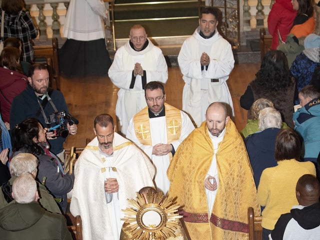 The Eucharistic Procession of the Faithful in honour of St. Brigid pictured before leaving St. Columb'a Church, Long Tower on Saturday. (Photos: Jim McCafferty Photography)