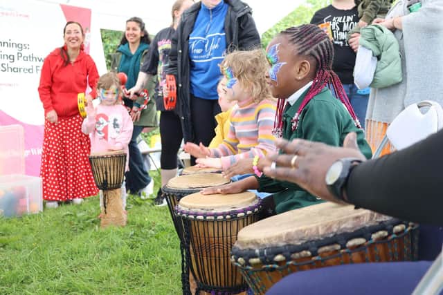 A drumming session in full swing in Coshquin. Providing some of the musical entertainment this time will be the fantastic Songs Without Borders group.