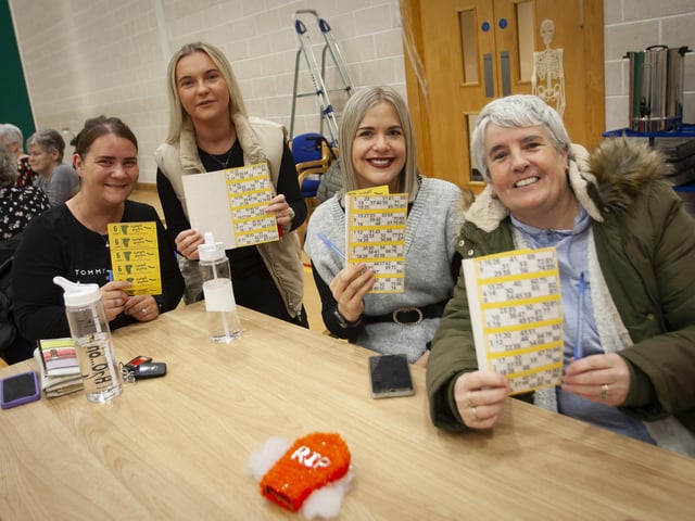 Eyes down for a full house at the Old Library Trust and Community Neighbourhood Partnership Community Bingo at the Bishop’s Field Centre on Wednesday night last. From left, Molly Liddy, Nicola Liddy, Michelle Griffin and Breidge Coyle. (Photos: Jim McCafferty Photography)