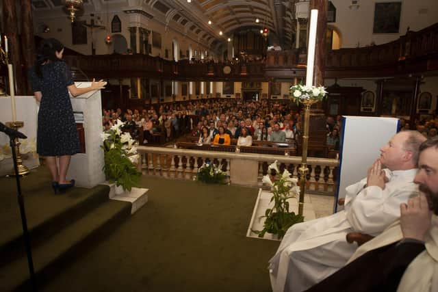 Andrea Corr addressing the attendance at Tuesday night’s Sister Clare Retreat in the Long Tower Church, Derry.