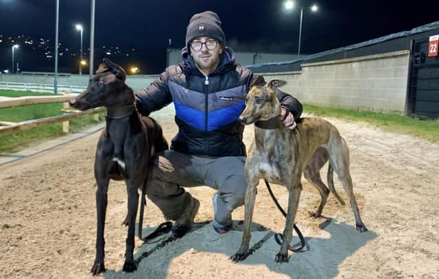 Kyle McCarron pictured with Crack on Lady (left) who won in 27.96 at Brandywell and Killbobbin Annie who won in 16.76.