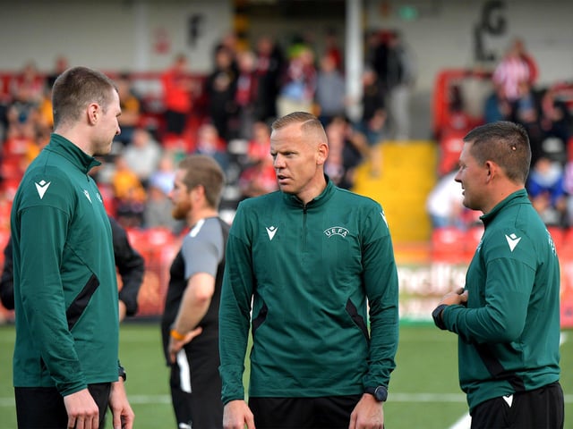 Match officials warm up prior to Derry City’s Europa Conference game against KuPs FC on Thursday evening. Photo: George Sweeney. DER2330GS -