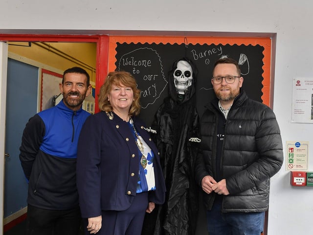Mickey Doherty, Deputy Mayor Alderman Niree McMorris and Gary Middleton MLA were guests at the Autumn Festival with Pumpkin Patch at St Columba’s Primary School, Newbuildings, on Saturday afternoon last. Photo: George Sweeney