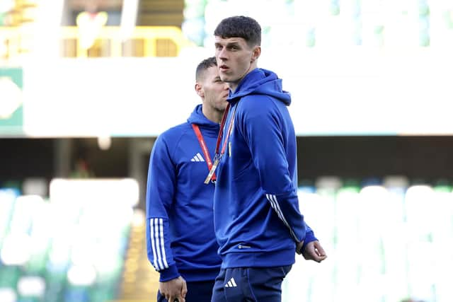 Northern Ireland’s ​Eoin Toal chats with Bolton Wanderers team-mate Dion Charles ahead of Sunday’s game against Finland. Picture by William Cherry