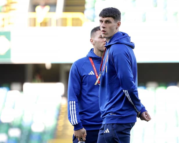 Northern Ireland’s ​Eoin Toal chats with Bolton Wanderers team-mate Dion Charles ahead of Sunday’s game against Finland. Picture by William Cherry