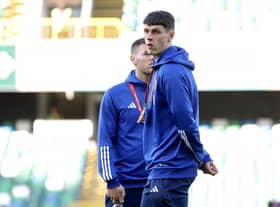 Northern Ireland’s ​Eoin Toal chats with Bolton Wanderers team-mate Dion Charles ahead of Sunday’s game against Finland. Picture by William Cherry